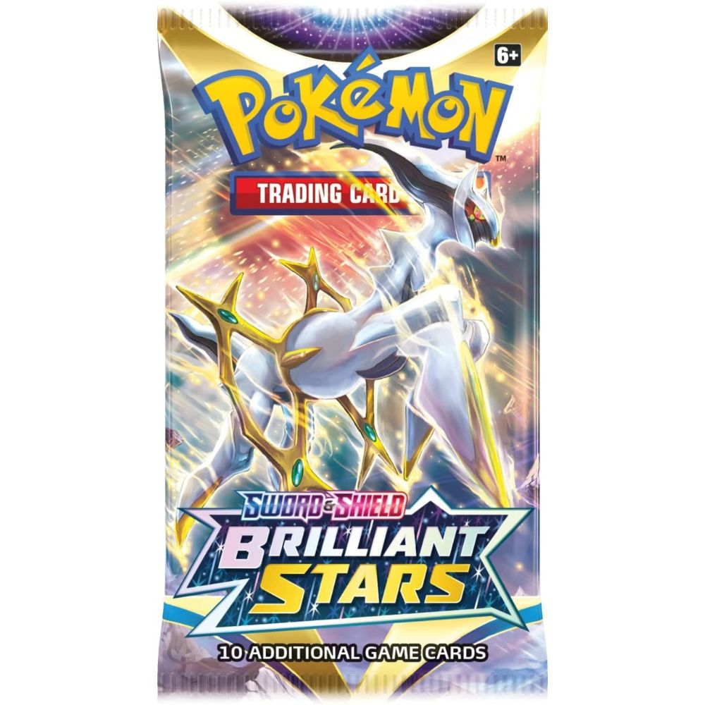 Pokémon TCG Brilliant Stars Booster Pack featuring Arceus, with a cosmic-themed background and golden aura. Part of the Sword & Shield set with VSTAR mechanics.