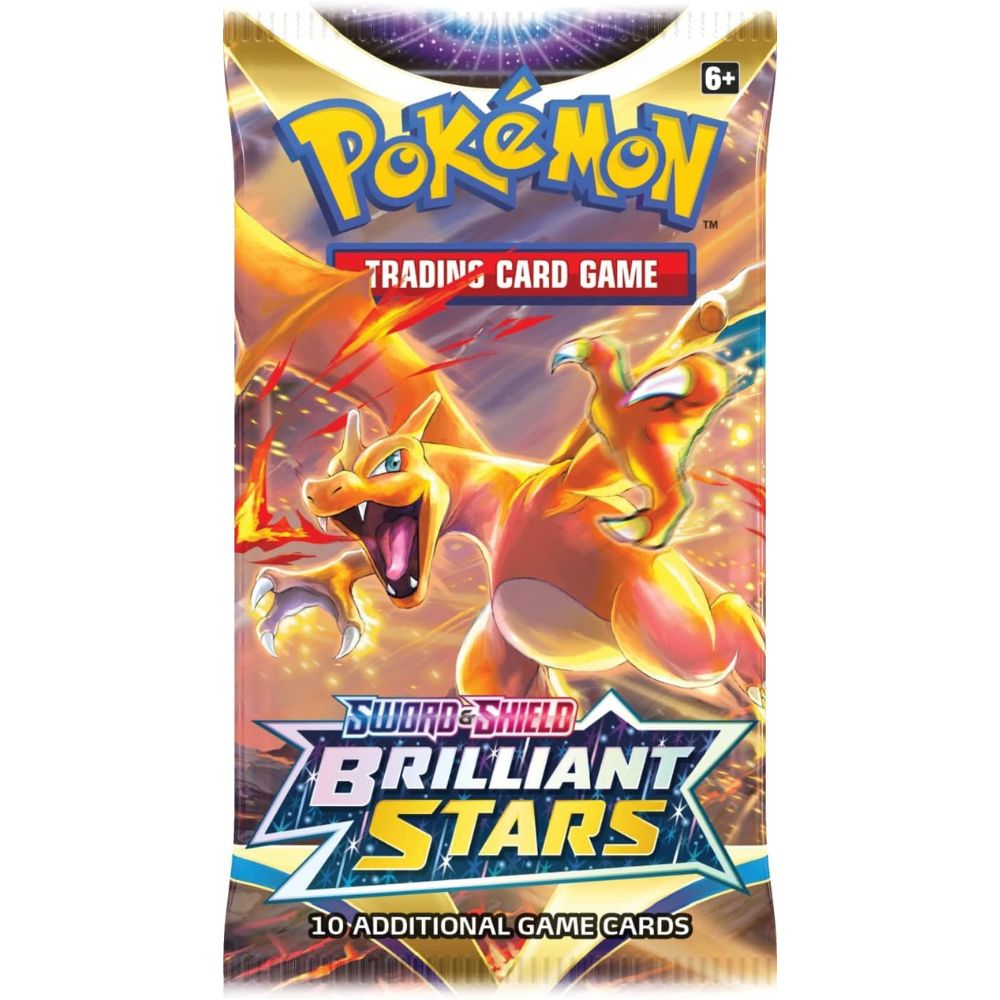 Pokémon TCG Brilliant Stars Booster Pack featuring Charizard VSTAR in a dynamic battle pose with flames surrounding it. Official Sword & Shield set packaging.